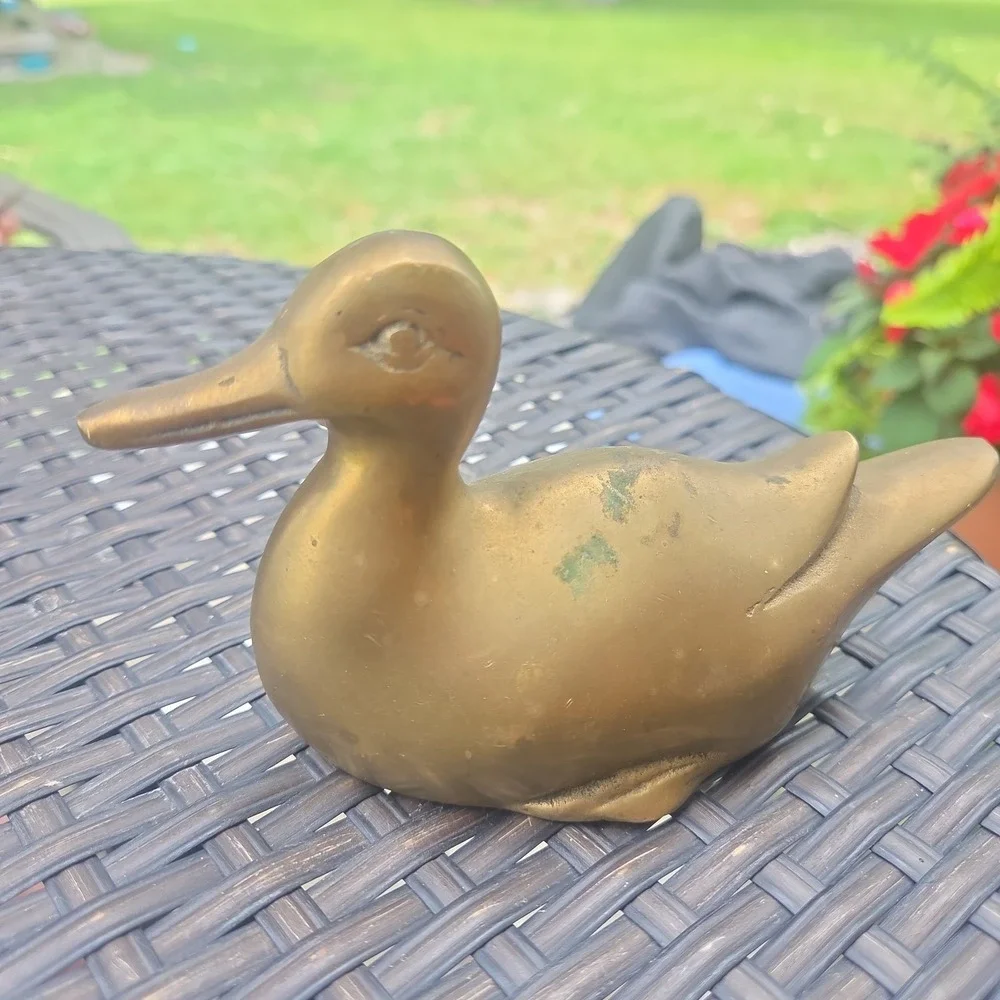Vintage Solid Brass Duck Green Patina Tarnish Easter Cottage Cabin Core